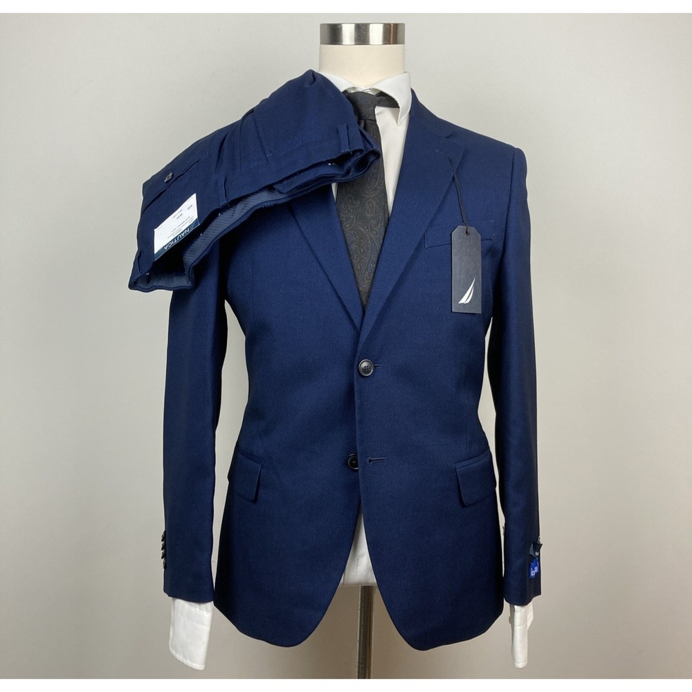 Nautica Men's 2-Pc Suit Modern Fit Blue Birdseye Jacket Blazer 42S Pants 36W 29L